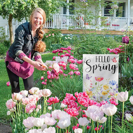 Tulip Hello Spring Garden Flag 12x18 Inch Double-Sided, Outdoor Floral Spring Decorations for Home, Porch & Yard, Small Burlap April Garden Flag for Outside, Welcome Flower Decor for Easter