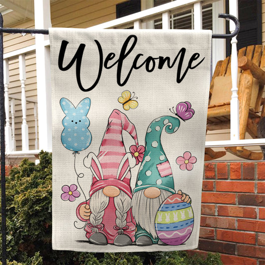 Welcome Gnome Easter Garden Flag 12x18 Inch Double-Sided, Easter Decorations for Porch & Yard & House, Small Burlap Happy Gnome Flag for Outside, Outdoor March Spring Decor