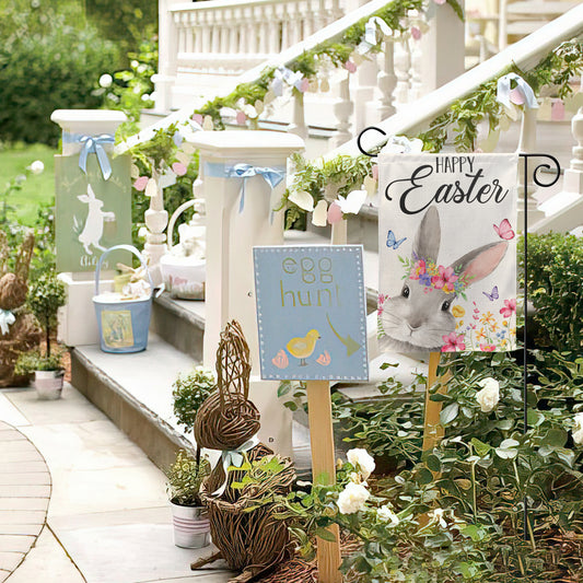 Bunny Happy Easter Garden Flag 12x18 Inch Double-Sided, Easter Decorations for Porch, Yard & House, Small Burlap Welcome Bunny Flag for Outside, Outdoor March Spring Decor