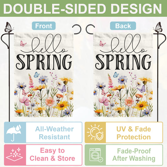 Floral Hello Spring Garden Flag 12x18 Inch Double-Sided, Outdoor Spring Decorations for Home & Porch & Yard, Small Burlap April Garden Flag for Outside, Farmhouse Welcome Flower Decor for Easter