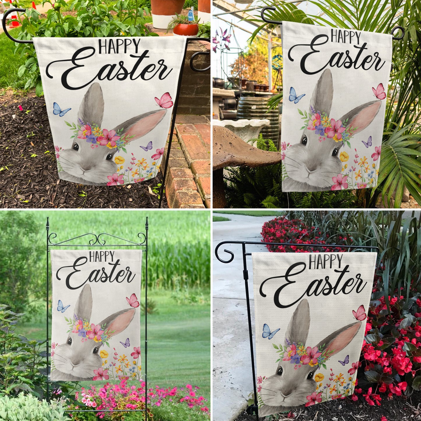 Bunny Happy Easter Garden Flag 12x18 Inch Double-Sided, Easter Decorations for Porch, Yard & House, Small Burlap Welcome Bunny Flag for Outside, Outdoor March Spring Decor