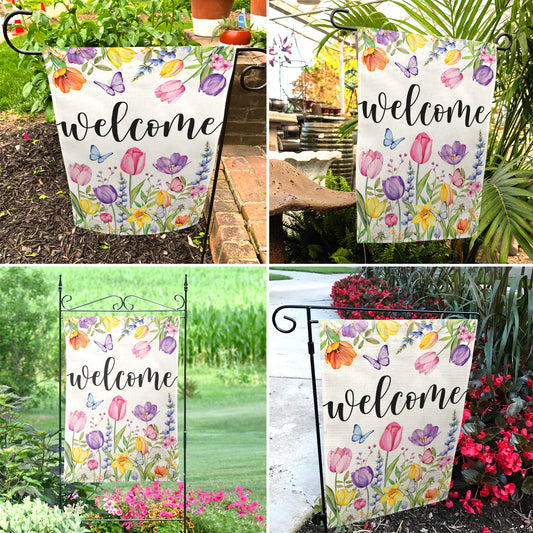 Tulip Welcome Spring Garden Flag 12x18 Inch Double-Sided, Outdoor Floral Spring Decorations for Home & Porch & Yard, Small Burlap April Garden Flag for Outside, Easter & Summer Hello Flower Decor