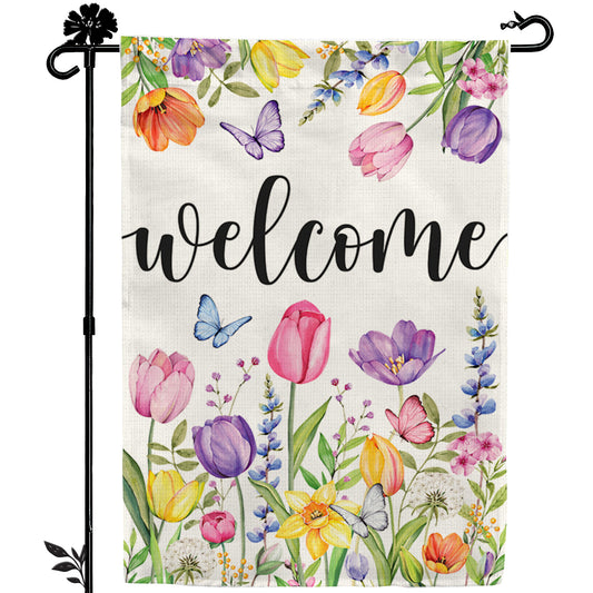 Tulip Welcome Spring Garden Flag 12x18 Inch Double-Sided, Outdoor Floral Spring Decorations for Home & Porch & Yard, Small Burlap April Garden Flag for Outside, Easter & Summer Hello Flower Decor