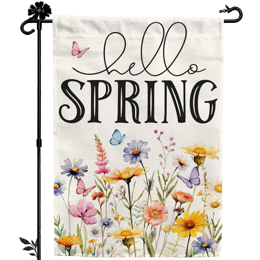 Floral Hello Spring Garden Flag 12x18 Inch Double-Sided, Outdoor Spring Decorations for Home & Porch & Yard, Small Burlap April Garden Flag for Outside, Farmhouse Welcome Flower Decor for Easter