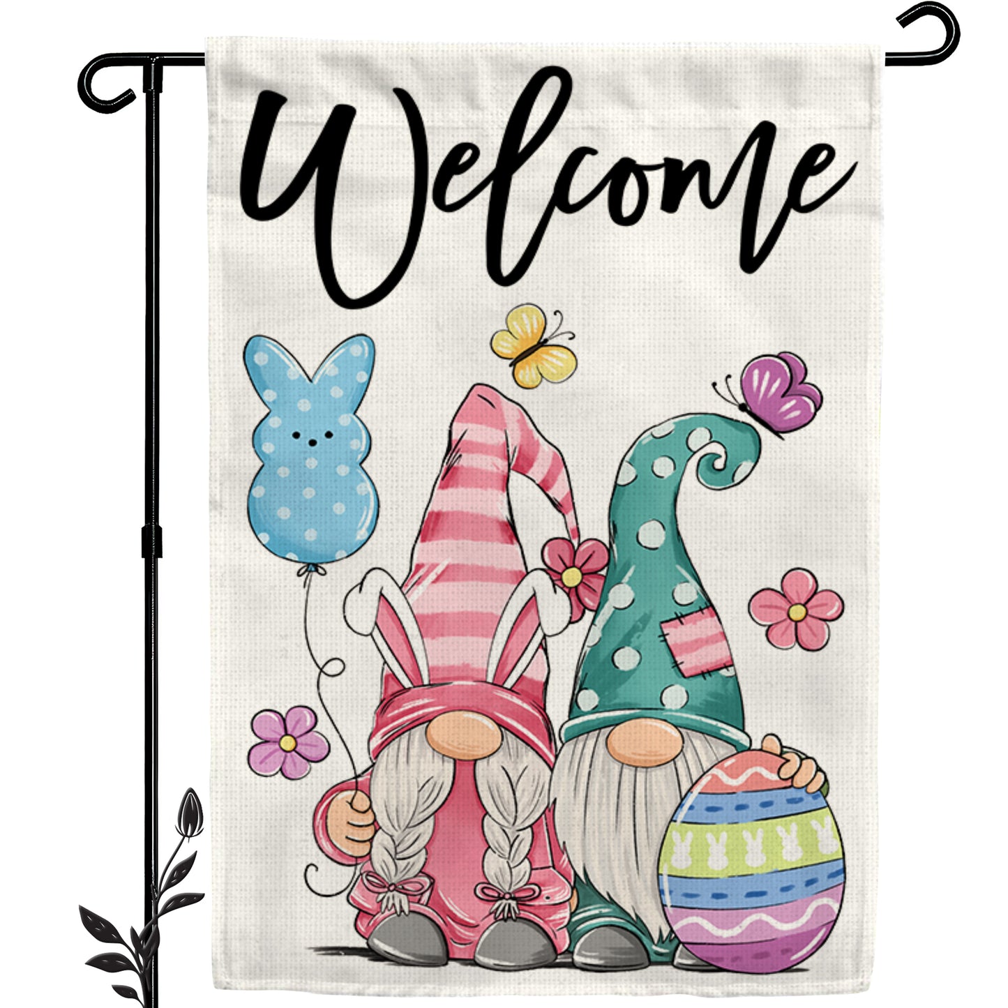Welcome Gnome Easter Garden Flag 12x18 Inch Double-Sided, Easter Decorations for Porch & Yard & House, Small Burlap Happy Gnome Flag for Outside, Outdoor March Spring Decor