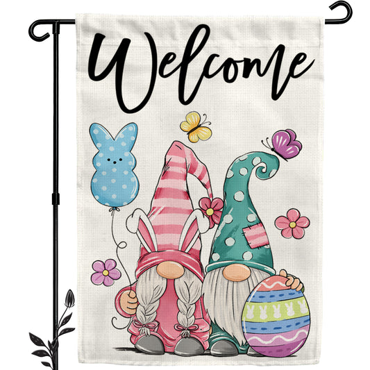 Welcome Gnome Easter Garden Flag 12x18 Inch Double-Sided, Easter Decorations for Porch & Yard & House, Small Burlap Happy Gnome Flag for Outside, Outdoor March Spring Decor