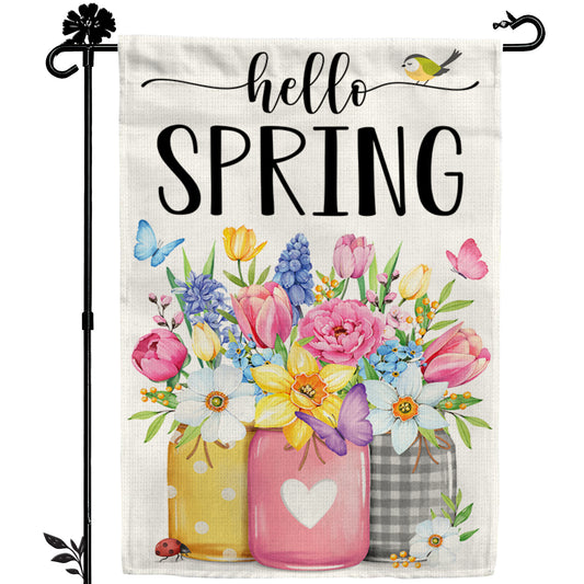 Hello Spring Garden Flag 12x18 Inch Double-Sided, Outdoor Floral Spring Decorations for Home, Porch & Yard, Small Burlap April Garden Flag for Outside, Welcome Flower Decor for Easter