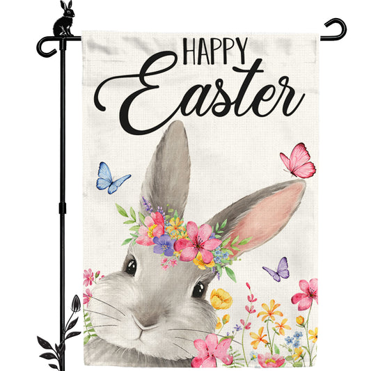Bunny Happy Easter Garden Flag 12x18 Inch Double-Sided, Easter Decorations for Porch, Yard & House, Small Burlap Welcome Bunny Flag for Outside, Outdoor March Spring Decor