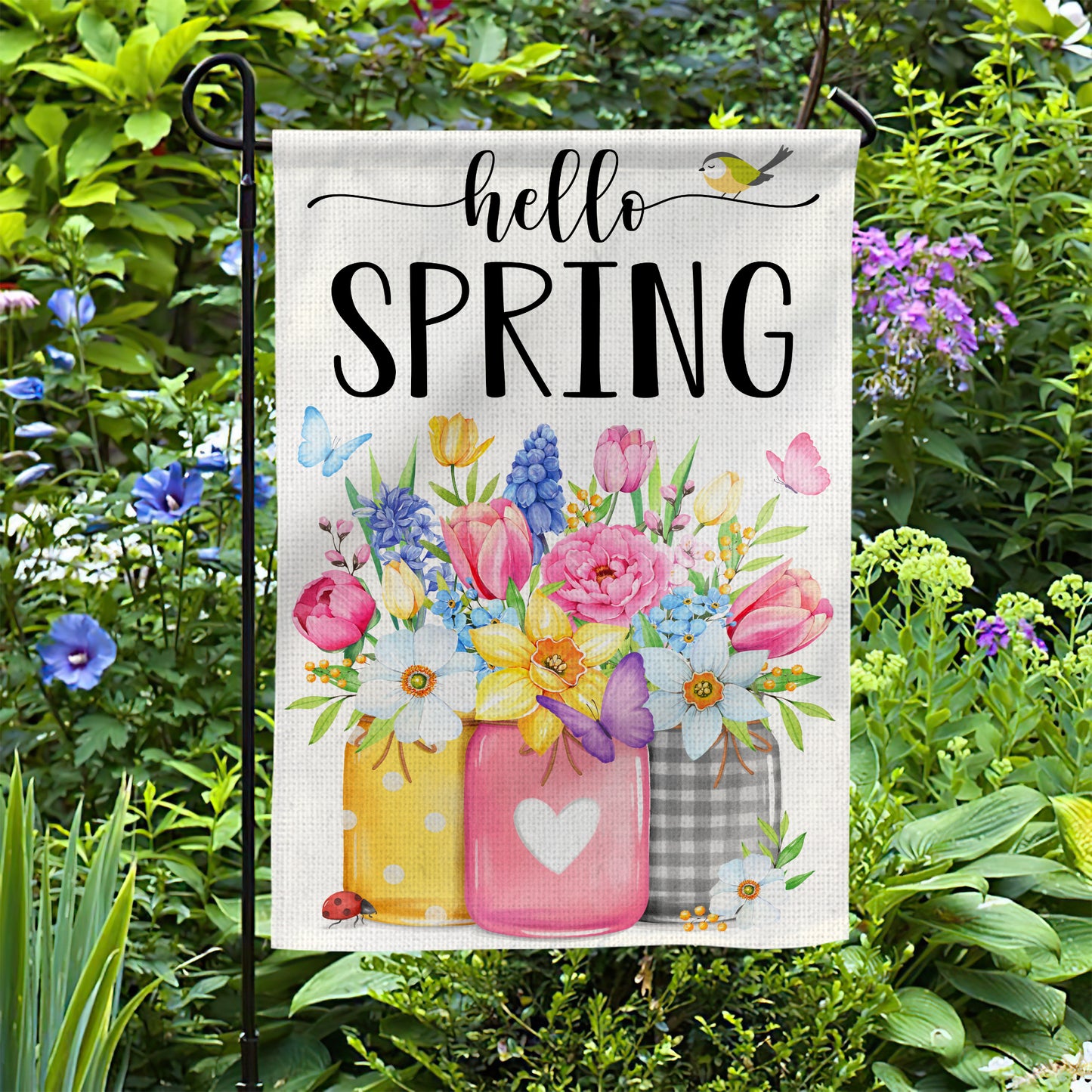 Hello Spring Garden Flag 12x18 Inch Double-Sided, Outdoor Floral Spring Decorations for Home, Porch & Yard, Small Burlap April Garden Flag for Outside, Welcome Flower Decor for Easter
