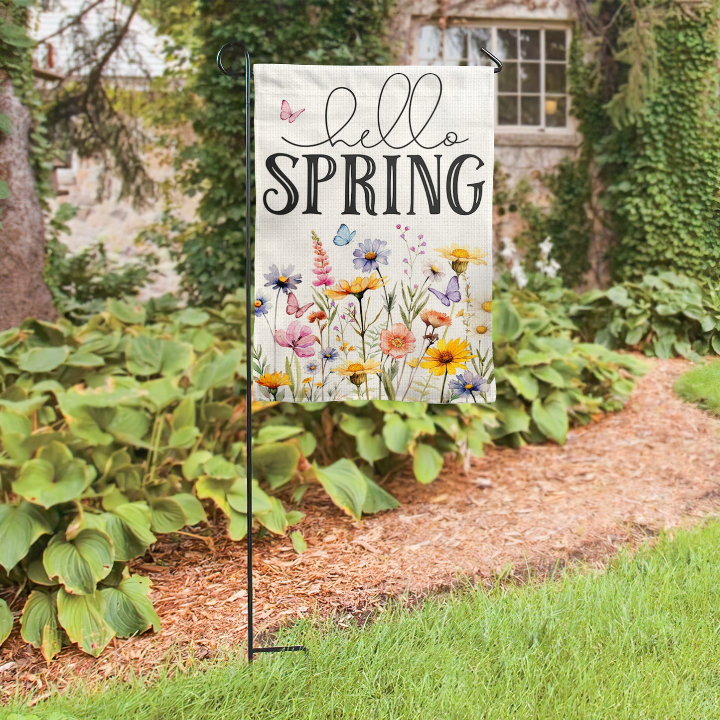 Floral Hello Spring Garden Flag 12x18 Inch Double-Sided, Outdoor Spring Decorations for Home & Porch & Yard, Small Burlap April Garden Flag for Outside, Farmhouse Welcome Flower Decor for Easter