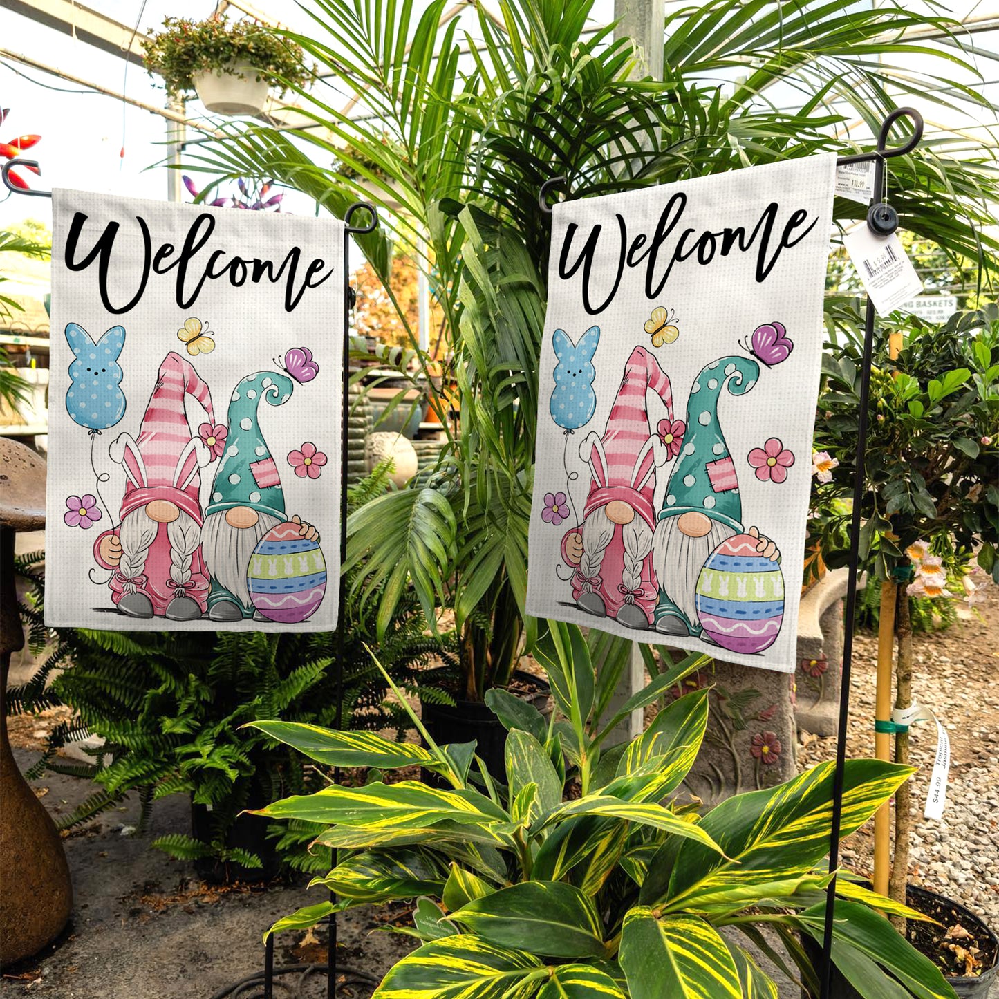 Welcome Gnome Easter Garden Flag 12x18 Inch Double-Sided, Easter Decorations for Porch & Yard & House, Small Burlap Happy Gnome Flag for Outside, Outdoor March Spring Decor