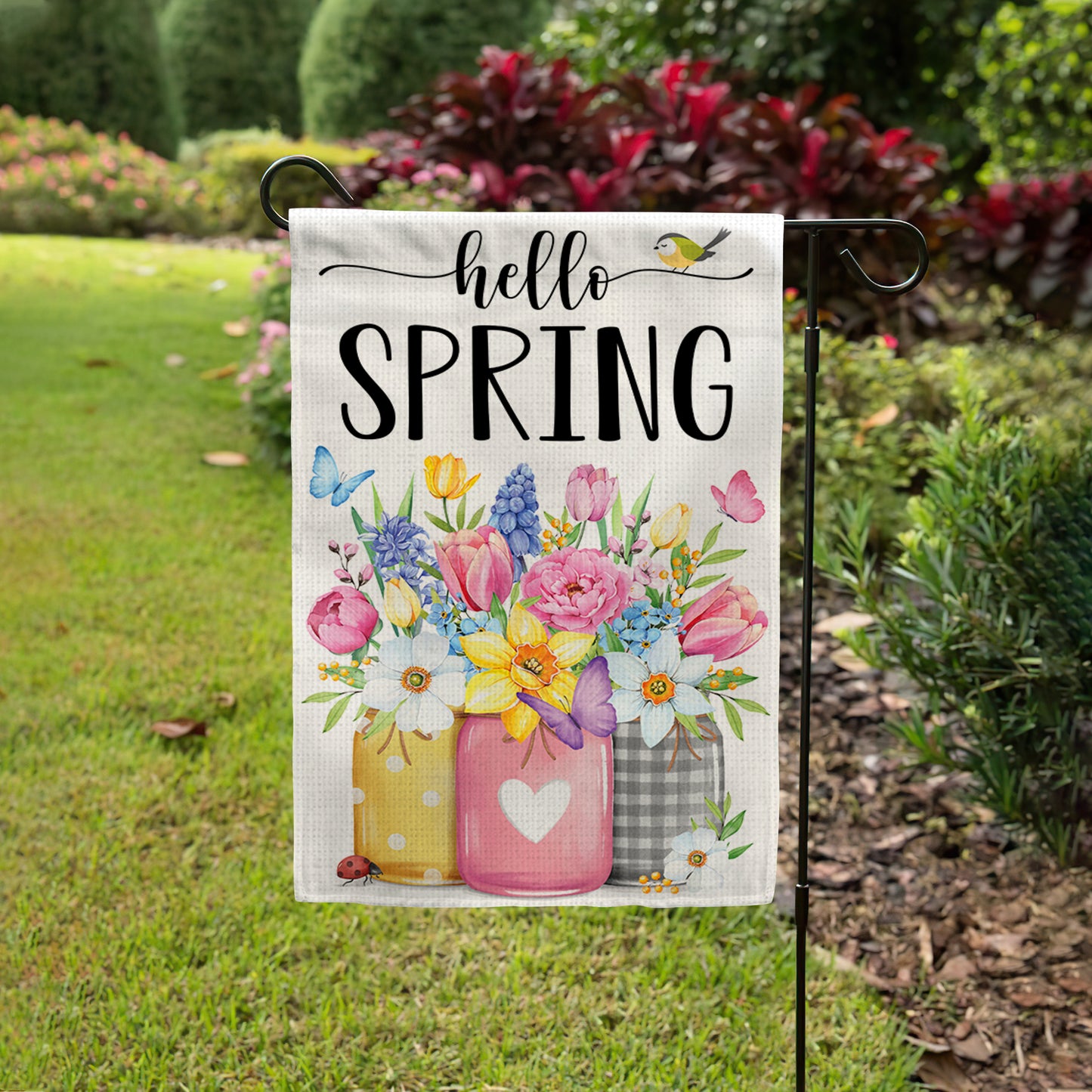 Hello Spring Garden Flag 12x18 Inch Double-Sided, Outdoor Floral Spring Decorations for Home, Porch & Yard, Small Burlap April Garden Flag for Outside, Welcome Flower Decor for Easter