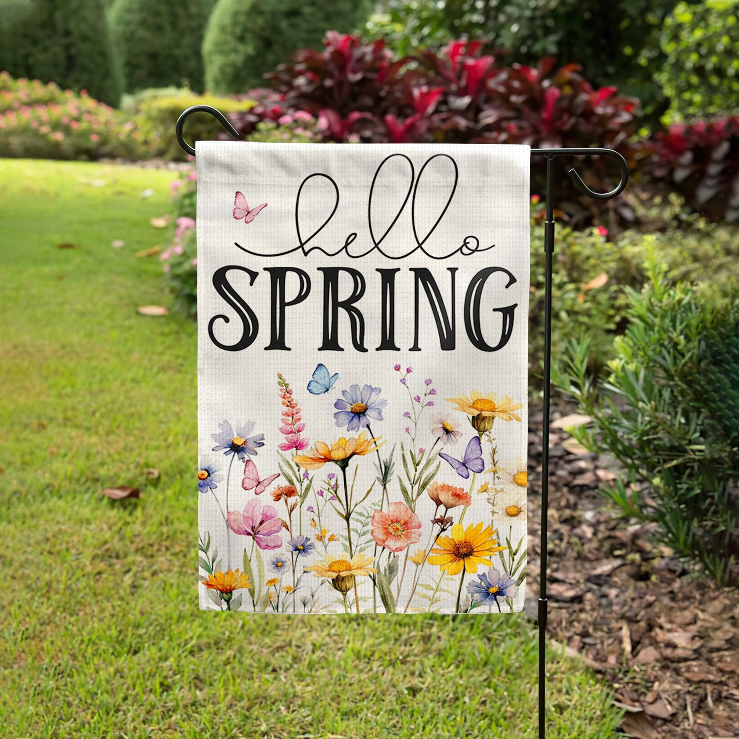 Floral Hello Spring Garden Flag 12x18 Inch Double-Sided, Outdoor Spring Decorations for Home & Porch & Yard, Small Burlap April Garden Flag for Outside, Farmhouse Welcome Flower Decor for Easter