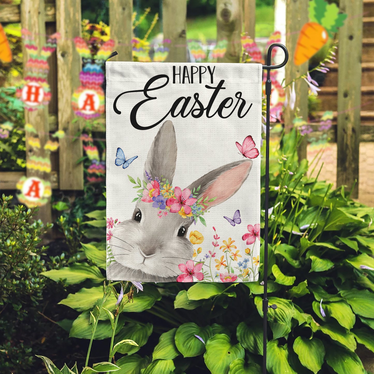Bunny Happy Easter Garden Flag 12x18 Inch Double-Sided, Easter Decorations for Porch, Yard & House, Small Burlap Welcome Bunny Flag for Outside, Outdoor March Spring Decor