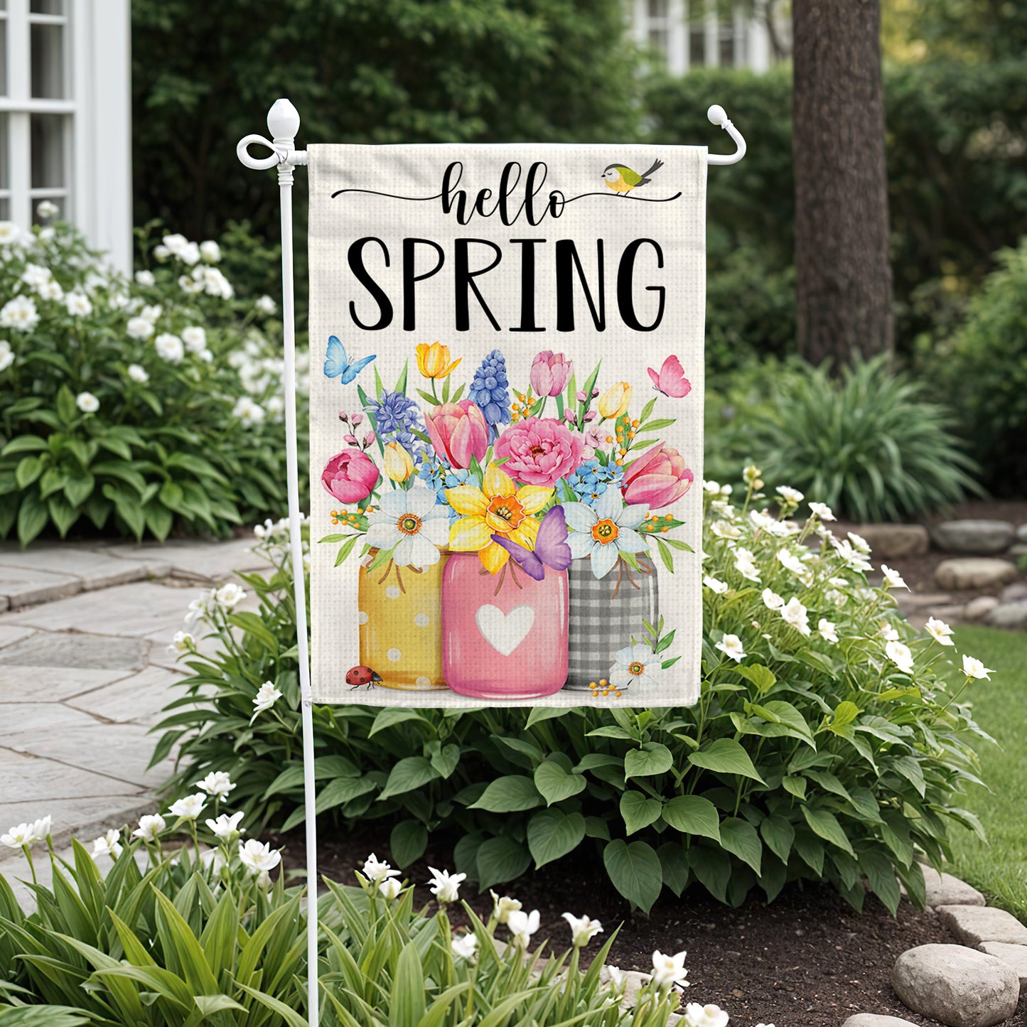 Hello Spring Garden Flag 12x18 Inch Double-Sided, Outdoor Floral Spring Decorations for Home, Porch & Yard, Small Burlap April Garden Flag for Outside, Welcome Flower Decor for Easter