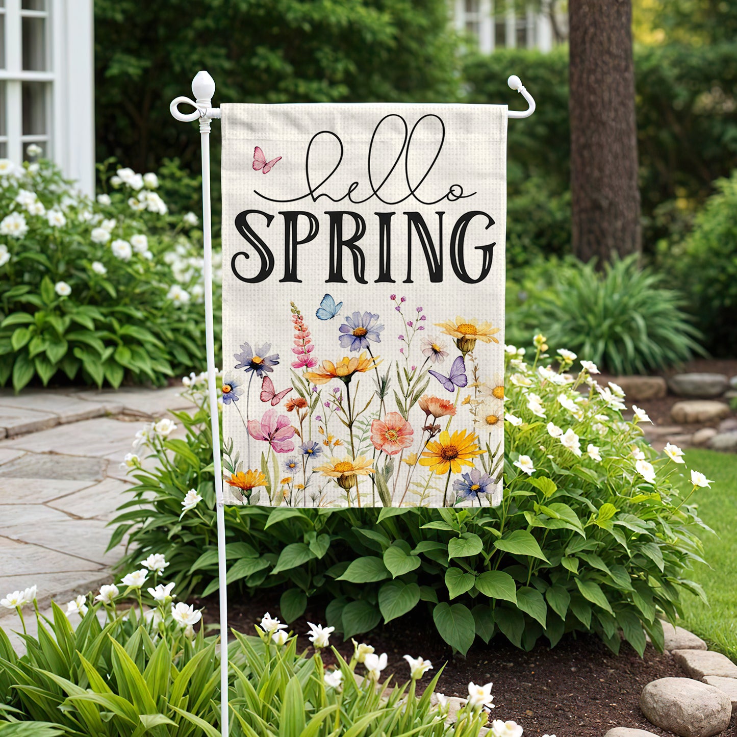 Floral Hello Spring Garden Flag 12x18 Inch Double-Sided, Outdoor Spring Decorations for Home & Porch & Yard, Small Burlap April Garden Flag for Outside, Farmhouse Welcome Flower Decor for Easter