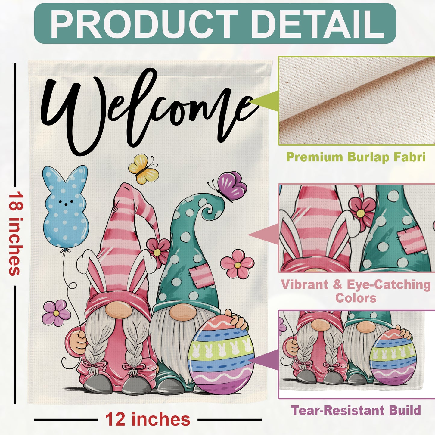 Welcome Gnome Easter Garden Flag 12x18 Inch Double-Sided, Easter Decorations for Porch & Yard & House, Small Burlap Happy Gnome Flag for Outside, Outdoor March Spring Decor