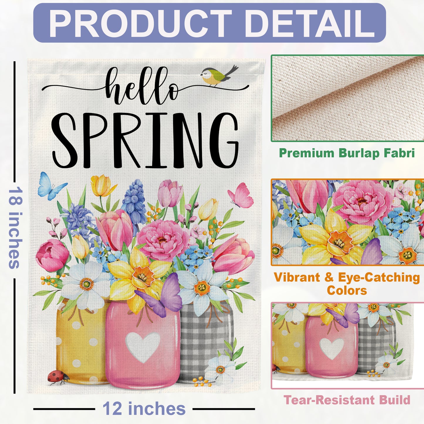 Hello Spring Garden Flag 12x18 Inch Double-Sided, Outdoor Floral Spring Decorations for Home, Porch & Yard, Small Burlap April Garden Flag for Outside, Welcome Flower Decor for Easter