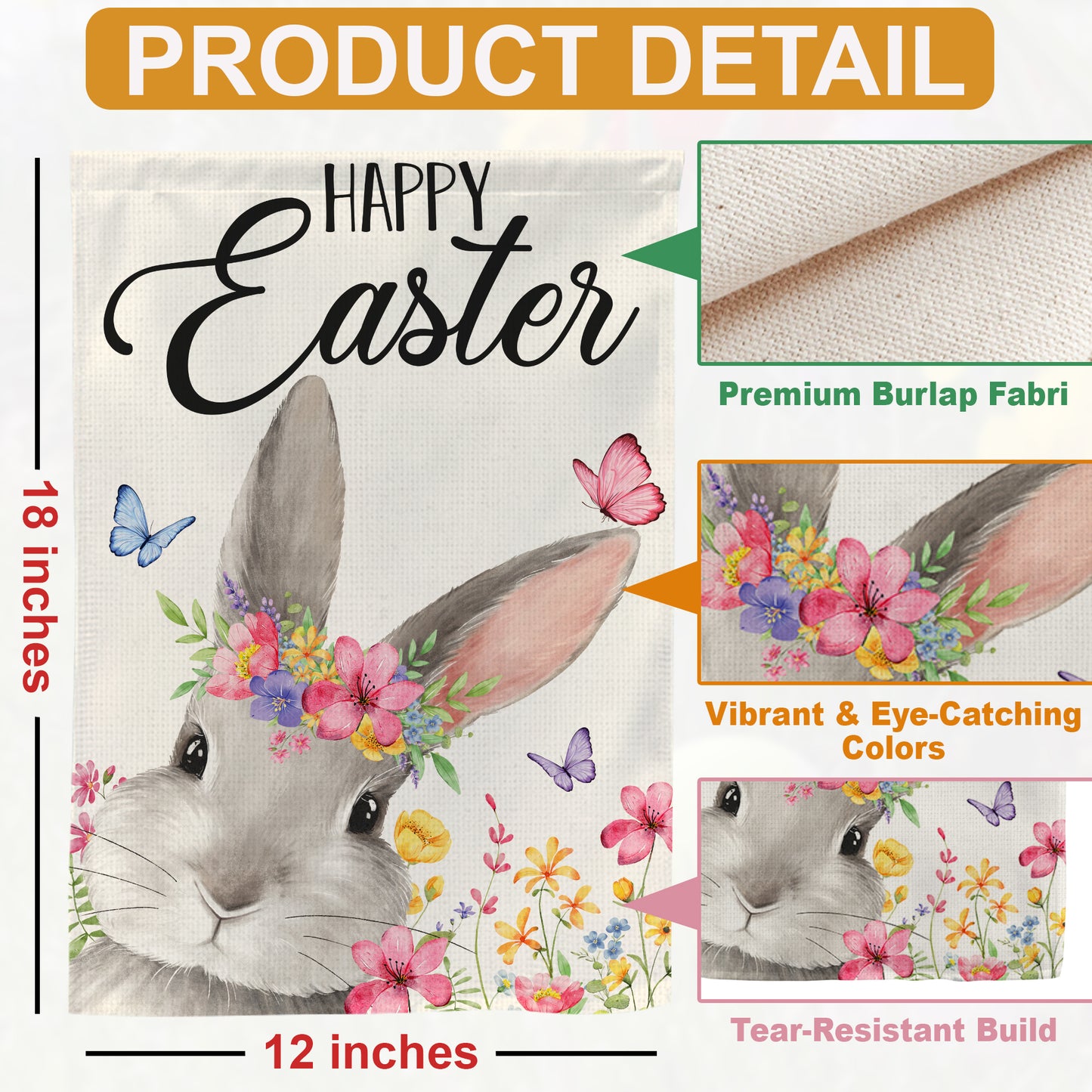 Bunny Happy Easter Garden Flag 12x18 Inch Double-Sided, Easter Decorations for Porch, Yard & House, Small Burlap Welcome Bunny Flag for Outside, Outdoor March Spring Decor
