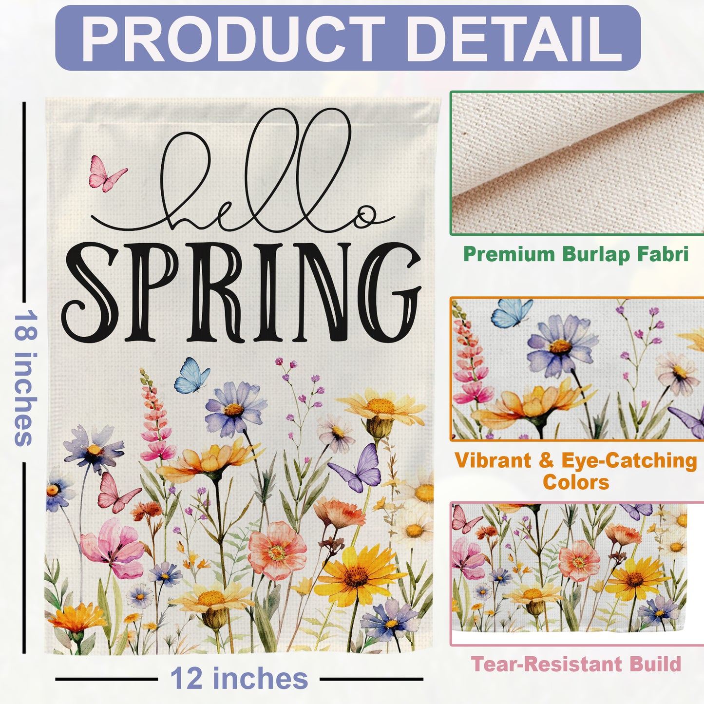 Floral Hello Spring Garden Flag 12x18 Inch Double-Sided, Outdoor Spring Decorations for Home & Porch & Yard, Small Burlap April Garden Flag for Outside, Farmhouse Welcome Flower Decor for Easter