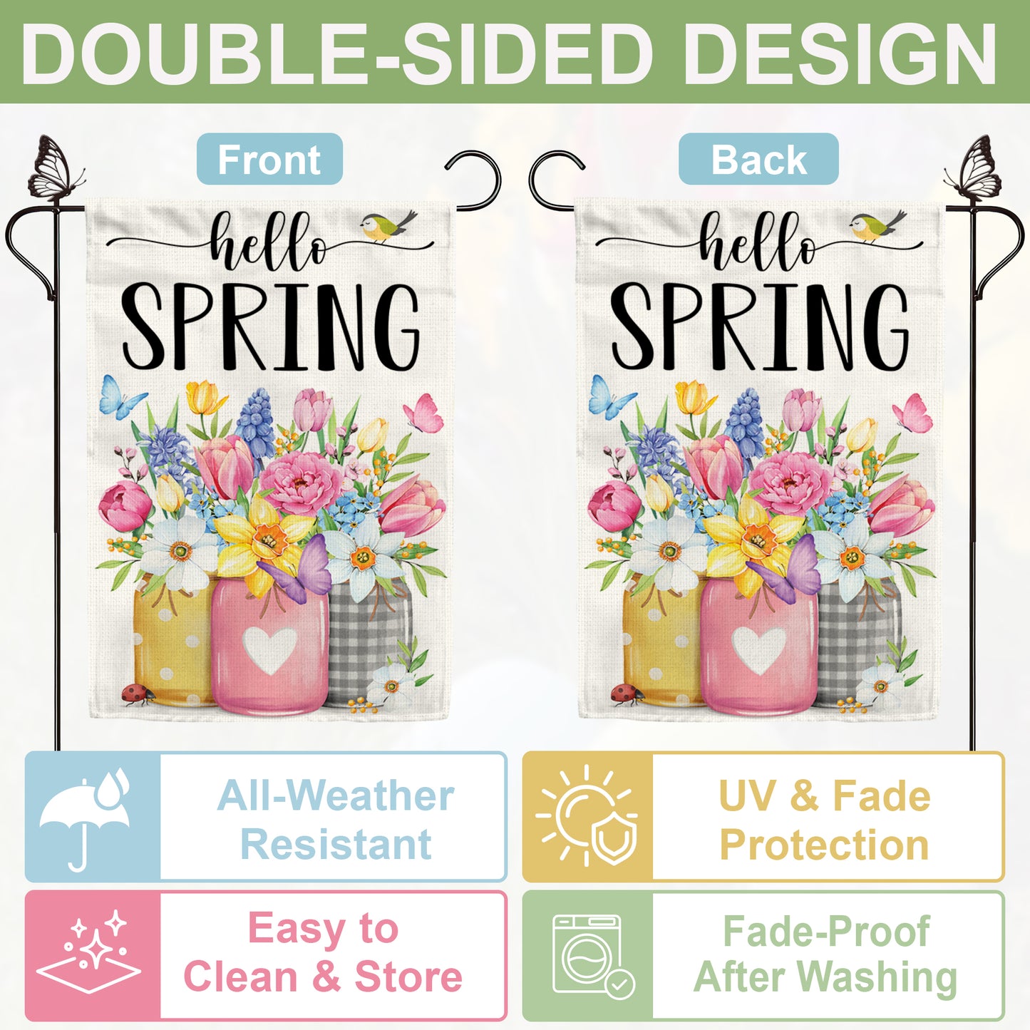 Hello Spring Garden Flag 12x18 Inch Double-Sided, Outdoor Floral Spring Decorations for Home, Porch & Yard, Small Burlap April Garden Flag for Outside, Welcome Flower Decor for Easter