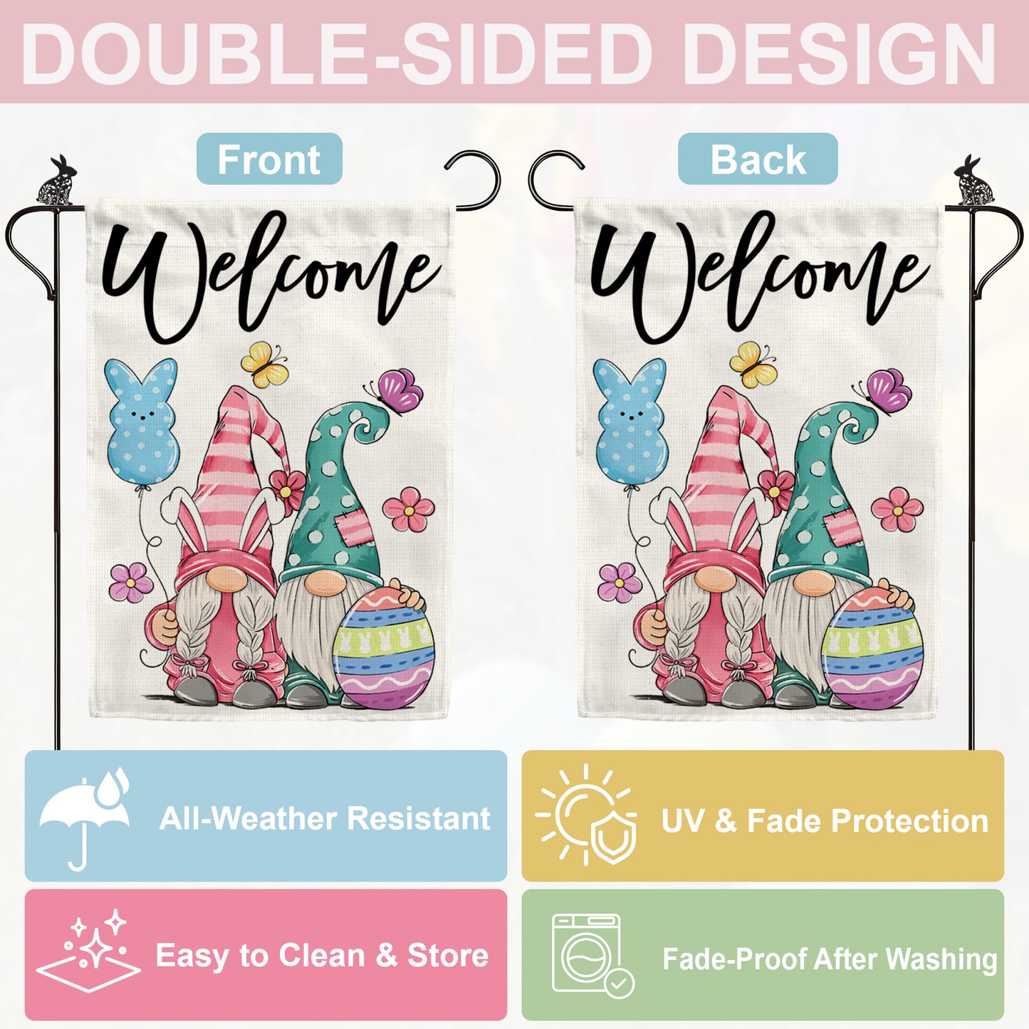 Welcome Gnome Easter Garden Flag 12x18 Inch Double-Sided, Easter Decorations for Porch & Yard & House, Small Burlap Happy Gnome Flag for Outside, Outdoor March Spring Decor